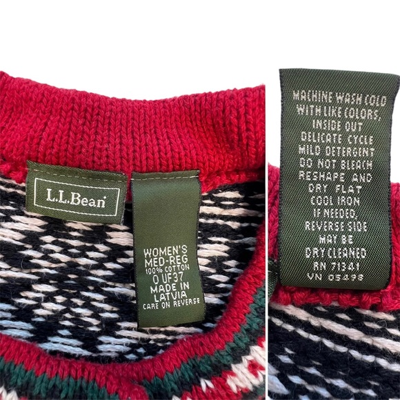L.L. Bean Sweater Kingfield Fair Isle Size Medium Black Red Nordic Snowflake EUC - Picture 11 of 12